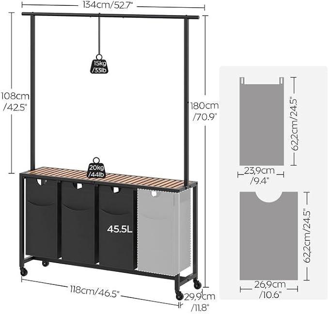 Laundry Sorter 4 Section, Rolling Laundry Hamper with Hanging Rack, Laundry Sorter with Wheels, Hampers for Laundry, Laundry Basket Organizer for Laundry Room, Rustic Brown LS47BR - Image 3