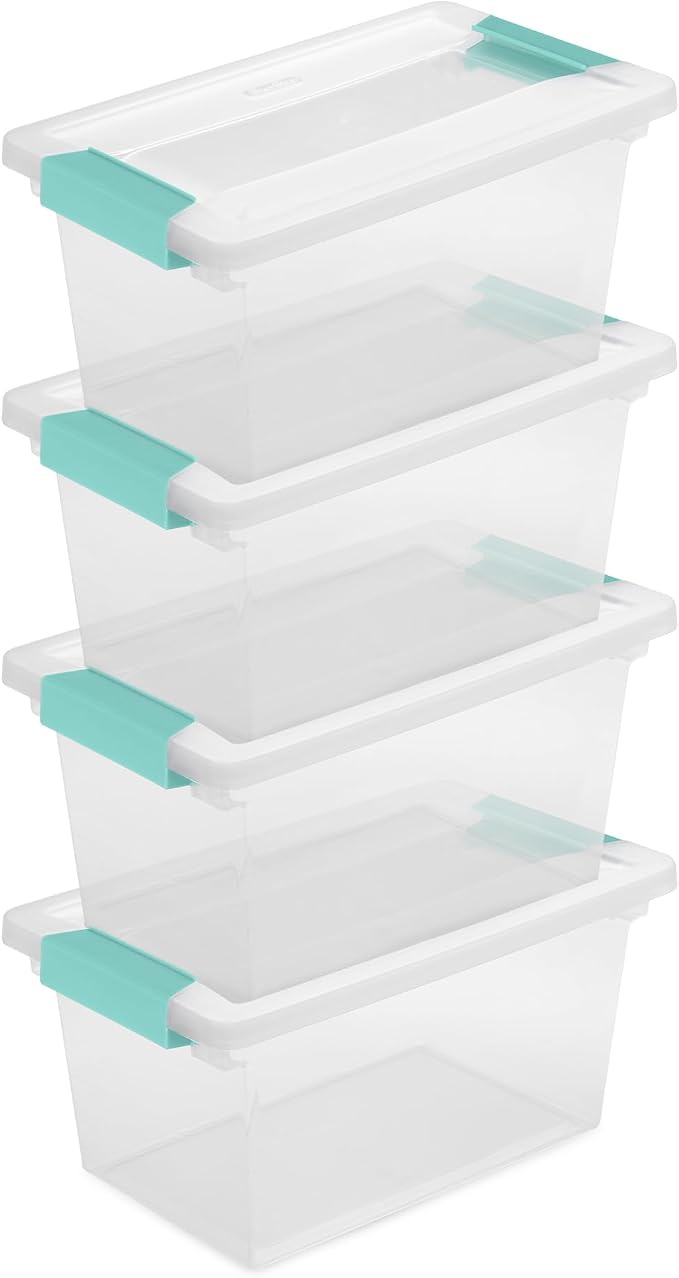 Sterilite 4-Pack Clip Box, Stackable Clear Plastic Bins with Latching Lids, Medium - Writing, Arts or Crafts Supplies Storage Containers for Home, Office, Classroom and Workshop Organization by Sterilite
