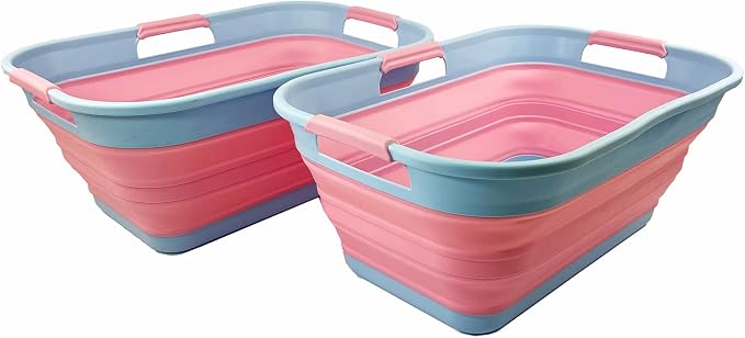 SAMMART 21L (5.5 Galloons) Collapsible Plastic Storge Basket - Foldable Pop Up Storage Container/Organizer - Portable Washing Tub - Space Saving Hamper/Basket (Cool Blue/Maglia Rosa (Set of 2)) by SAMMART