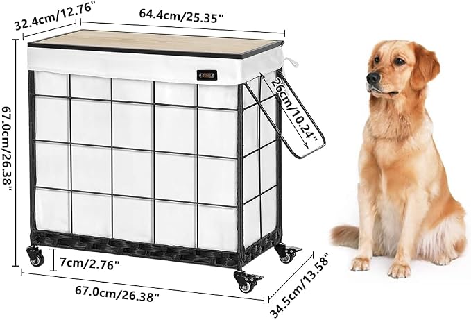 132L Laundry Hamper with Lid, 3-Section Laundry Basket with Rolling Wheels | 3 Laundry Compartments; Lockable Rubber Casters; Adjustable Metal Handle; Reinforced Steel Frame; Machine-Washable Liner Bag - Image 7
