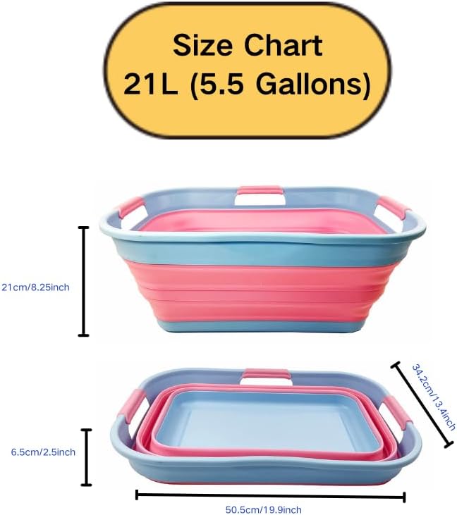 SAMMART 21L (5.5 Galloons) Collapsible Plastic Storge Basket - Foldable Pop Up Storage Container/Organizer - Portable Washing Tub - Space Saving Hamper/Basket (Cool Blue/Maglia Rosa (Set of 2)) - Image 2