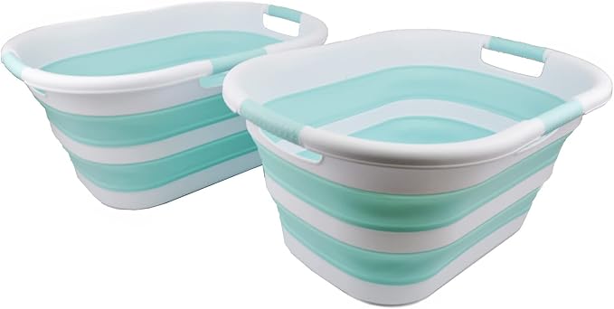 SAMMART 40L (10.5 gallon) Collapsible Plastic Laundry Basket - Foldable Pop Up Storage Container/Organizer - Portable Washing Tub - Space Saving Hamper/Basket (White/Lake Green (Set of 2)) by SAMMART