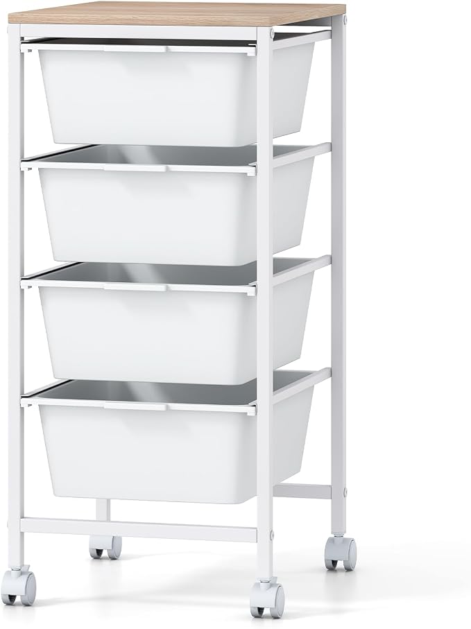 Giantex Rolling Storage Cart with 4 Drawers, Utility Cart w/Wooden Tabletop, Lockable Wheels, Multipurpose Organizer for Art Craft Scrapbook Paper, Drawer Carts for Dorm Classroom Office, White by Giantex
