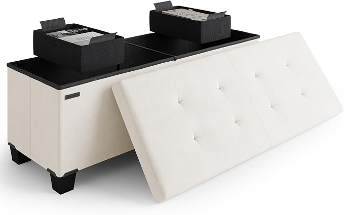 Storage Ottoman Bench with Bins, 43-in Storage Bench for Bedroom End of Bed, Folding Foot Rest Ottoman for Living Room Max 660lbs, Velvet Ottomans, Cream by STORAGEBUD