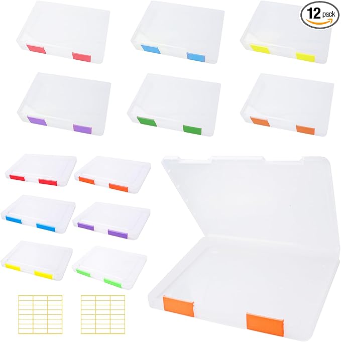 12 Pcs Clear A4 A5 File Box Document Plastic Storage Box with 48 Labels File Holder Organizer Paper Plastic Case Magazine Protector with Buckle Office School Supplies by OLUTACOT