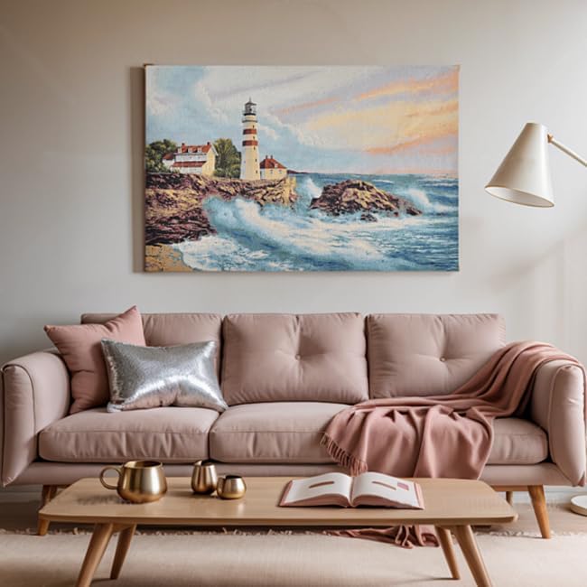Vintage Lighthouse Woven Wall Tapestry, 41.5x28 Nautical Coastal Jacquard Wall Hanging, Sunset Ocean Landscape Fabric Art with TC Lining & Dual Rod Pockets, Scenic Beach House Decor (Oceanic Blue & Teal) - Image 2