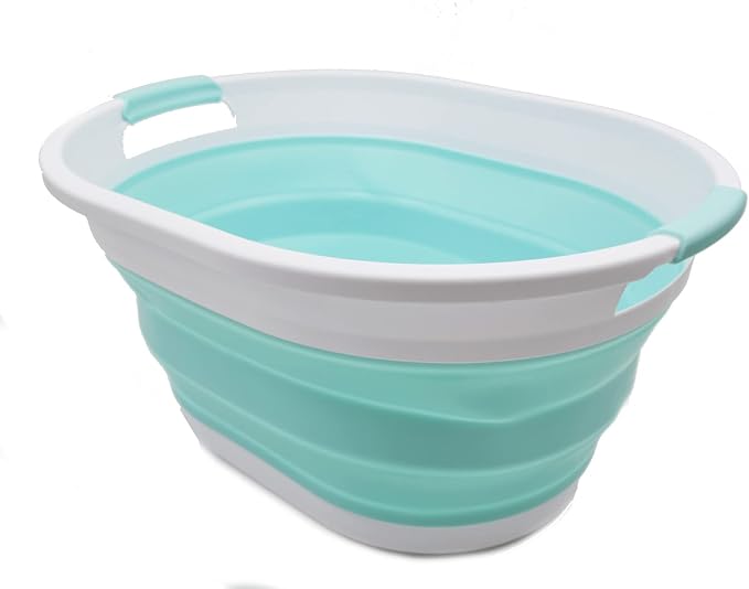 SAMMART 32L (8.4 gallon) Collapsible Plastic Laundry Basket - Foldable Pop Up Storage Container/Organizer - Portable Washing Tub, Water Capacity: 24L (1, White/Lake Green) - Image 2