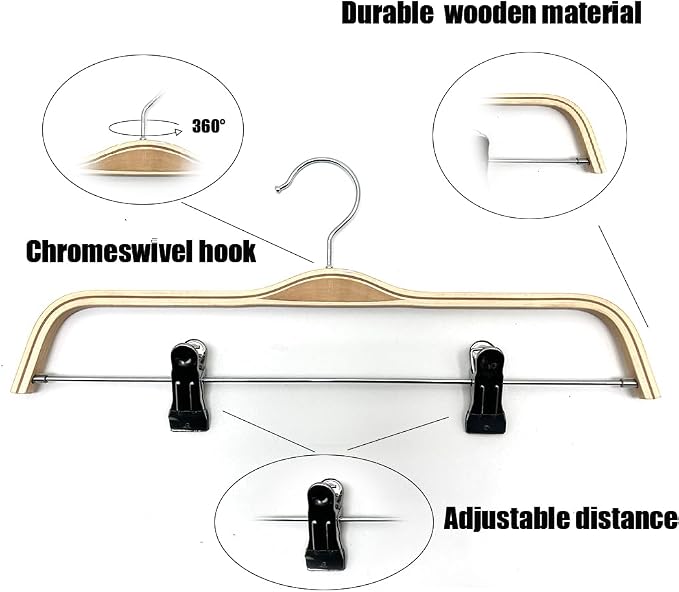30 Pack 14.5" Natural Wooden Pants Hangers, Clothes Display Wood Skirt Hanger Bottom Hangers Metal Adjustable Clips Hanger for Slacks, Jeans, Shorts - Image 4