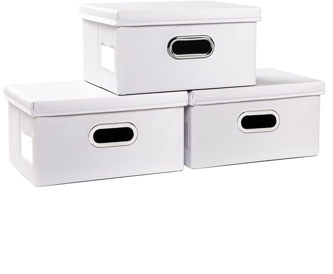 Collapsible Storage Box with Lid [3-Pack] Leather Fabric Foldable Storage Bin Organizer Container Basket Cube with Cover for Home Bedroom Closet Office Nursery White(13.6x9.6x6.9) by Prandom