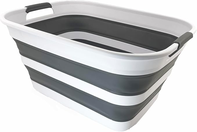 SAMMART Collapsible Plastic Laundry Basket with Dual Grip Handles 27L (7.1 Gallons) -Foldable Pop Up Storage Container/Organizer - Portable Space Saving Washing Tub/Hamper (1, White/Steel Grey) by SAMMART