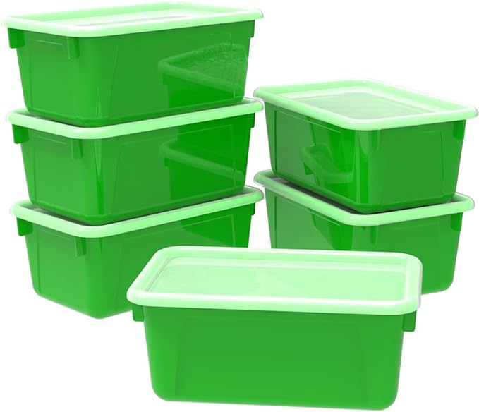 Storex Small Cubby Bins – Plastic Storage Containers for Classroom with Non-Snap Lid, 12.2 x 7.8 x 5.1 inches, Green, (62409U05C) (Pack of 5) by Storex