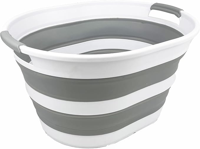 SAMMART Collapsible Plastic Oval Laundry Basket 23L (6 Gallons) -Foldable Storage Container/Organizer - Portable Washing Tub - Space Saving Hamper for Laundry, Camping & Home (White/Grey) by SAMMART