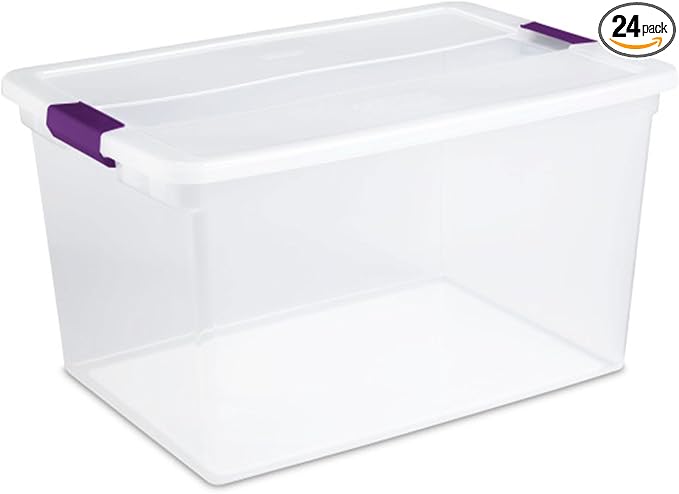 Sterilite 66 Qt ClearView Latch Storage Box, Stackable Bin with Latching Lid, Organize Clothes, Blankets, Items in Closet, Clear Base and Lid, 24-Pack | Clear Plastic Organizers with Color Accent Latches for Closet, Bedroom, Shelving Units, Dorm Room a... by Sterilite