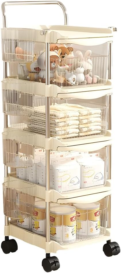 Baby Diaper Caddy Cart Organizer - Plastic Movable Cart Drawers with Hanging Basket, Rolling Utility Diaper Storage Caddy Organizer for Changing Table & Crib, Nursery, Bedroom (4 Tier) by MOMIGO