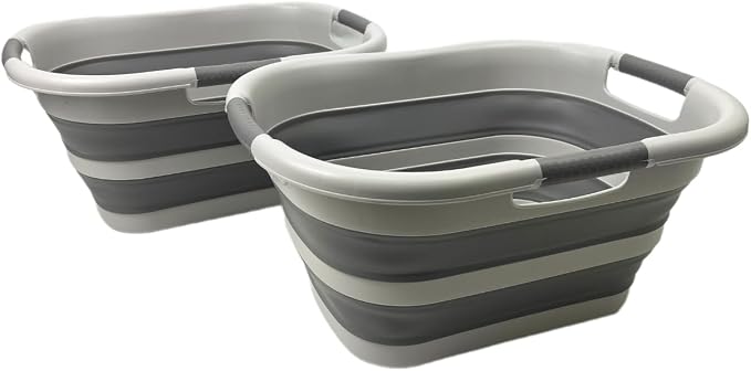 SAMMART 30L (7.9 gallon) Collapsible Plastic Laundry Basket - Foldable Pop Up Storage Container/Organizer - Portable Washing Tub - Space Saving Hamper/Basket (Grey/Deep Grey (Set of 2)) - Image 3