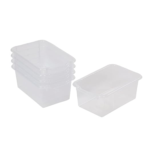 ECR4Kids Scoop Front Storage Bin, Multipurpose Organization, Clear, 5-Piece | Durable plastic, GREENGUARD Gold Certified, 1.2 gallon capacity, lightweight & nestable, built-in handle, classroom/home use by ECR4Kids
