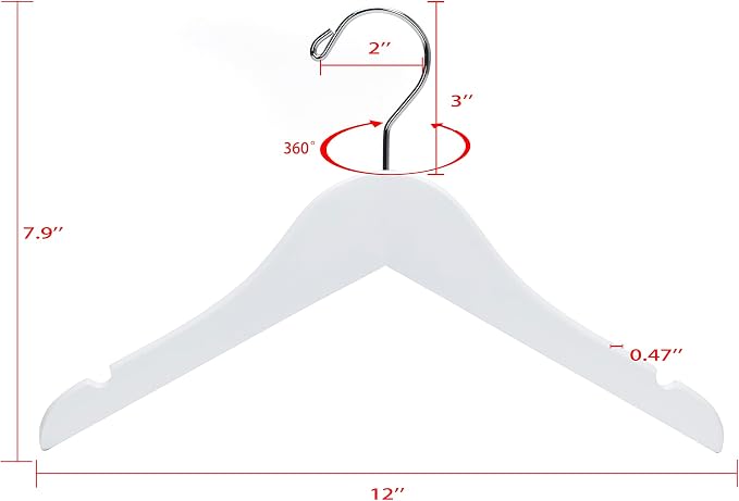 Quality 12 Inch White Kids Wooden Hangers - Children Hangers with Multifunctional Notches & 360 Degree Swivel Chrome Hook - Kid Coat Hangers for Clothes Size 8 and Smaller (White, 20) - Image 5