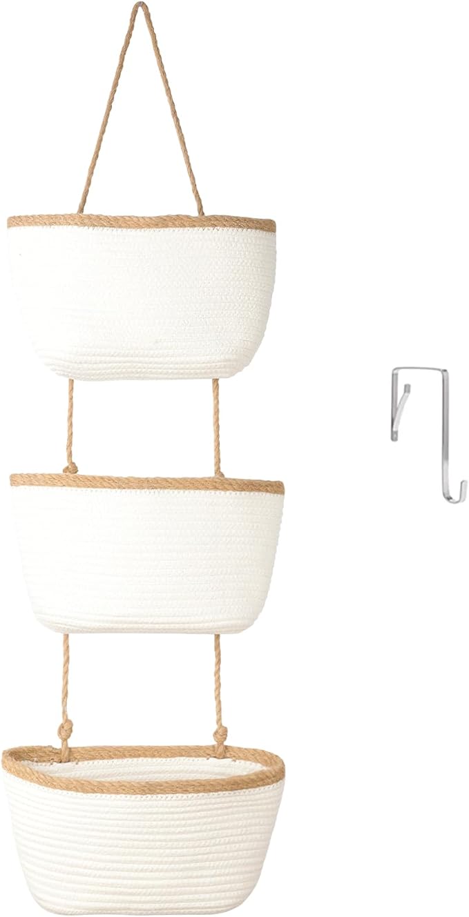 TeoKJ Over the Door Hanging Basket, 3-Tier Woven Cotton Wall-Mounted Storage Organizer Bag Decorative Hanging Nursery Baskets, White & Dark Brown by TeoKJ