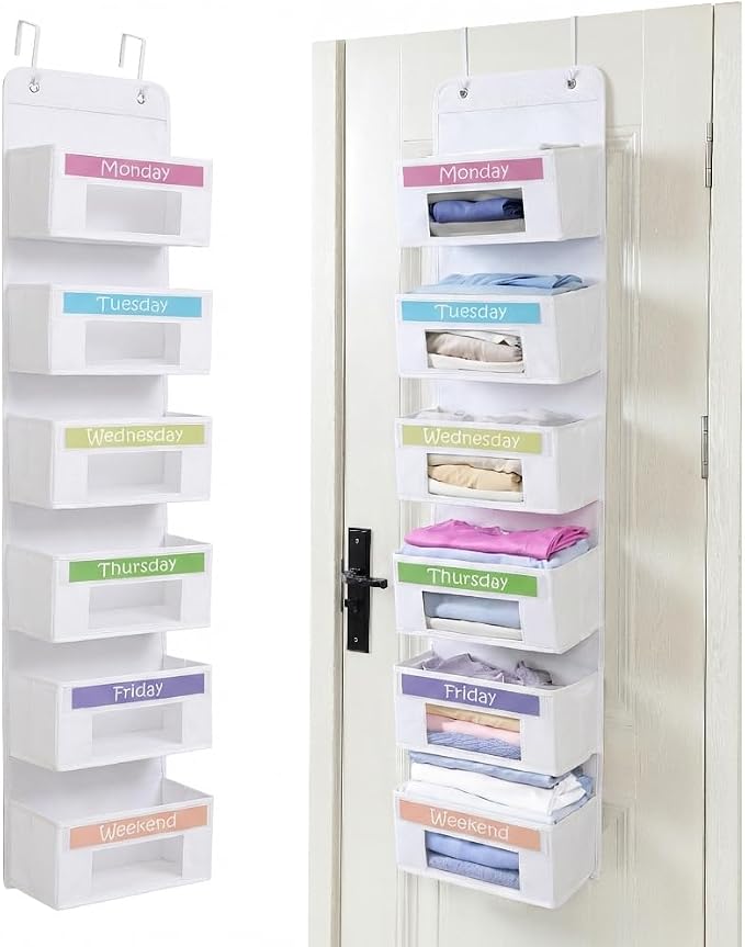 Weekly Clothes Organizer for Kids, Monday through Friday Clothing, 6 Shelf | Houseables Days of the Week Clothes Organizer, Kids Closet, Daily Outfit Storage, Weekday, M-F, School, Hanging, Over Door by Houseables