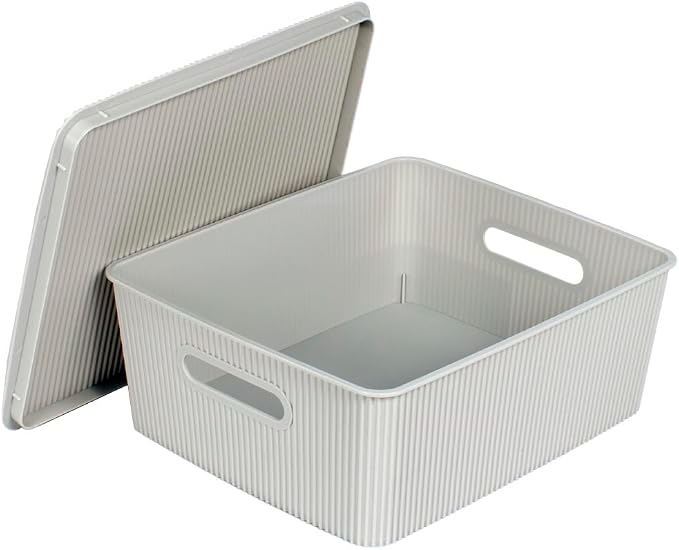 Glad Storage Baskets with Lids - Set of 4 Stackable Plastic Boxes with Handles - Decorative Shelf Organizer Bins for Bathroom and Closet, Grey, 3.1 Gallons - Image 3