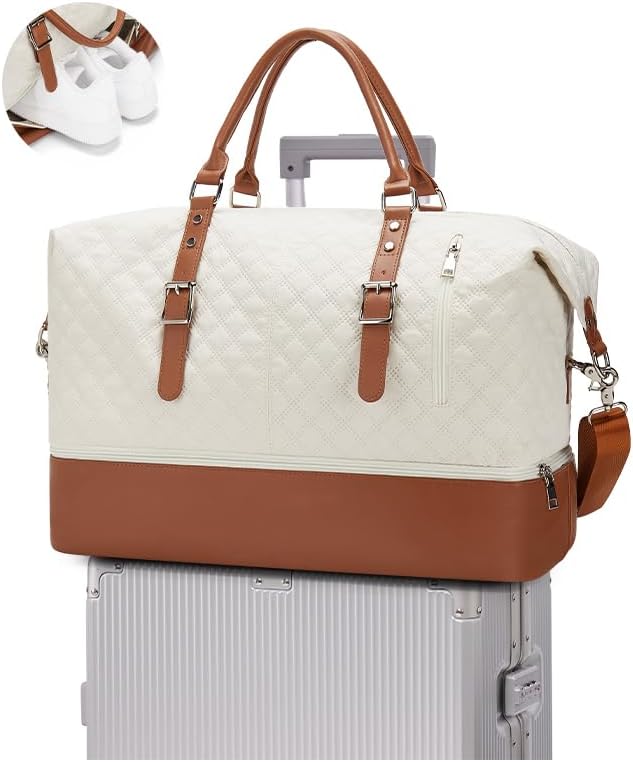 Travel Duffel Weekender Bag Women Tote Carry On Bags With Shoe Compartment | Travel Overnight Bags with Trolley Sleeve for Airplanes Sport Tote Gym for Men Waterproof Lightweight Daypack Beige by VECAVE