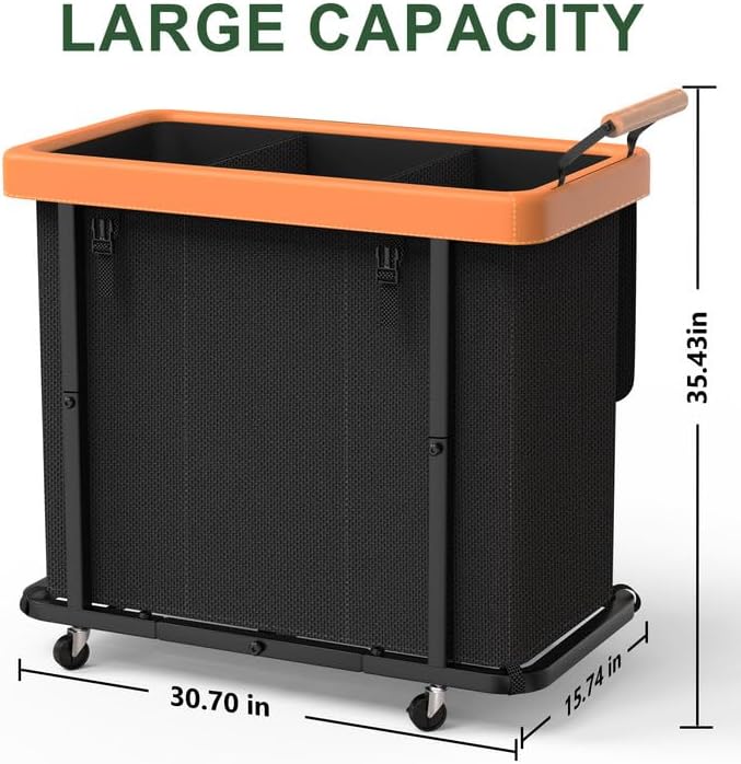Laundry Hamper 3 Section with Lid,230L Rolling Dirty Clothes Hamper Black | Laundry Basket with Wheels,Laundry Organizer Storage Cart with Sturdy Metal Frame and Wooden Handle for Laundry Room, Hotel - Image 6