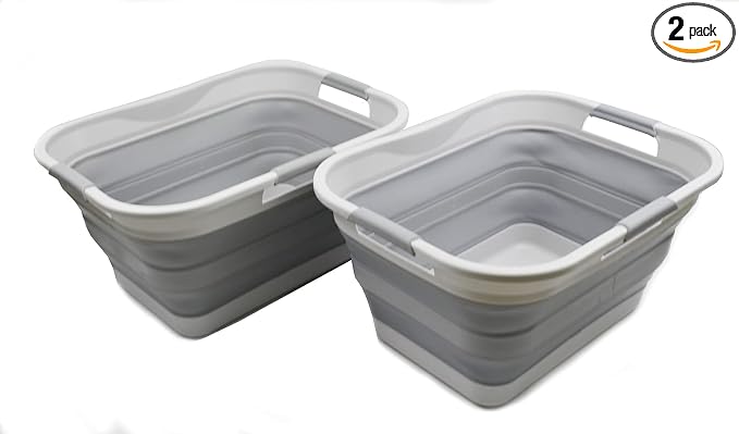 SAMMART Set of 2-30L (8 gallon) Collapsible Plastic Laundry Basket - Foldable Pop Up Storage Container/Organizer - Portable Washing Tub, Water capacity: 24L (6.3 gallon) (2, Grey) by SAMMART