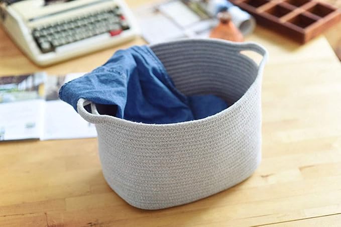 2Pack,Cotton Rope Basket,Woven Storage Basket,Toy Baskets,Baby Nursery toys, L 16.9 x 9.8 inches (43 x 25 cm) Gray - Image 7