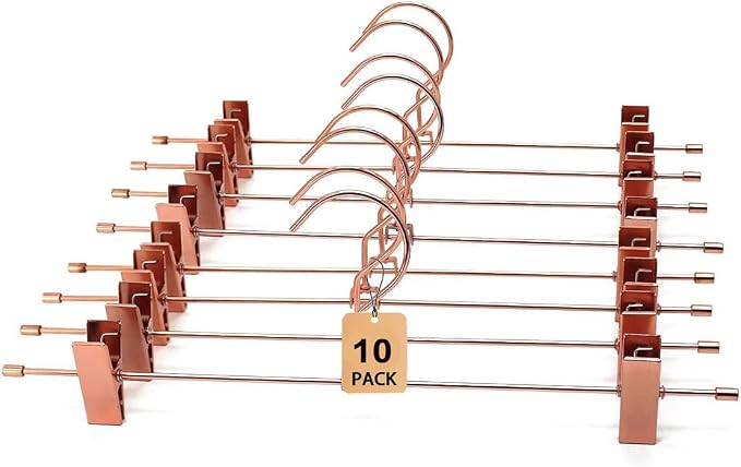 13.8" Rose Gold Pants Clothes Hangers, 10 Pack Trouser Hangers with Clips Metal Trouser Clip Hangers,Heavy Duty Metal Wire Adjustable Clips Bottom Trousers Legging Organizer by Koobay