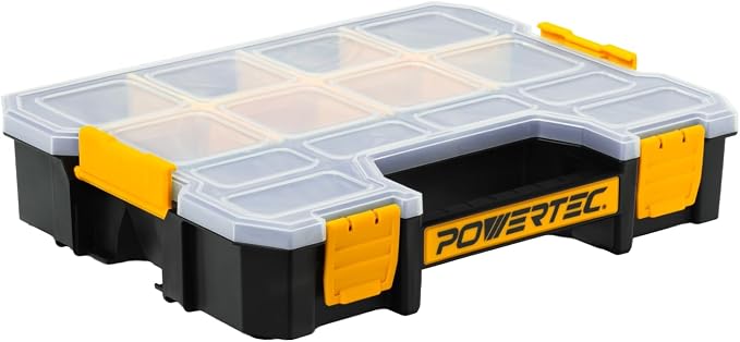 POWERTEC Small Parts Organizer & Tool Box – 14 Compartments, Stackable Storage with Interlocking Latch, Removable Dividers, Clear Lid, Portable Design (72364) by POWERTEC