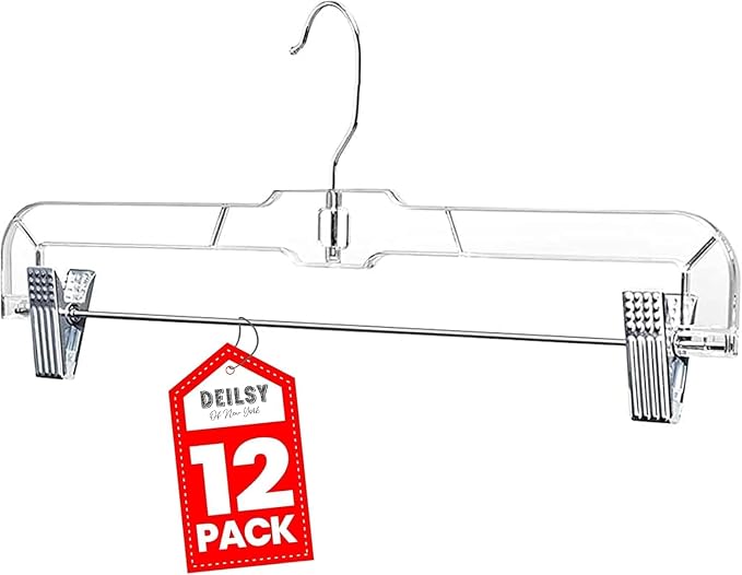 DEILSY™ Pants Hangers with Clips 12 Pack Skirt Hangers Clear Plastic | Hangers with clips and 360° swivel hook, pants hangers rubber-padded clips, ideal for jeans, trousers, skirts and shorts by Deilsy