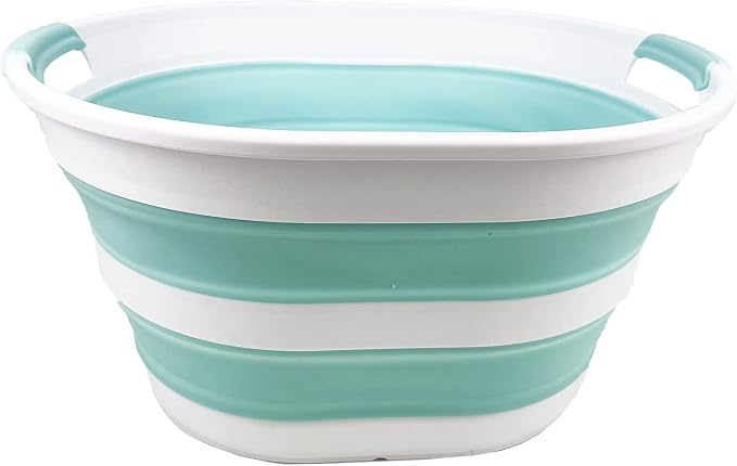 SAMMART 23L (6 Gallons) Collapsible Plastic Laundry Basket - Oval Tub/Basket - Foldable Storage Container/Organizer - Portable Washing Tub - Space Saving Laundry Hamper (White/Lake Green) - Image 4