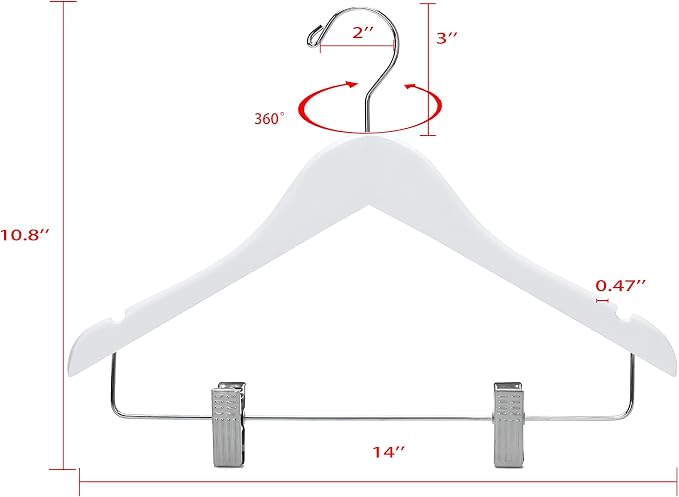 Quality Hangers 80 Pack Kids Skirt Hangers 14 Inches - Junior Preteen Youth Wooden Clothes Hanger with Curved Shoulder Swivel Chrome Hook Adjustable Metallic Clips & Nonslip Notches (White, 80) - Image 4