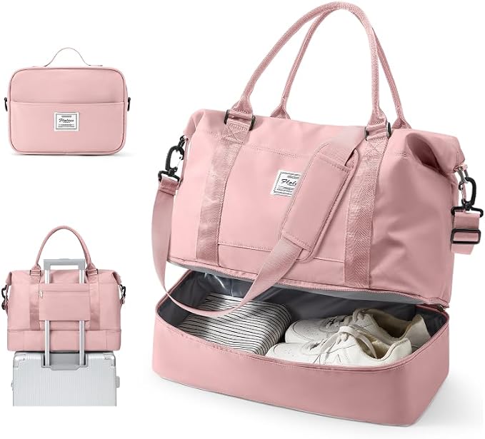 Travel Duffel Weekender Bag Women Tote Carry On Bags With Shoe Compartment | 18x14x8 inches Travel Overnight Bags with Trolley Sleeve for Airplanes Waterproof Sport Tote Gym with Toiletry Bag Pink by VECAVE