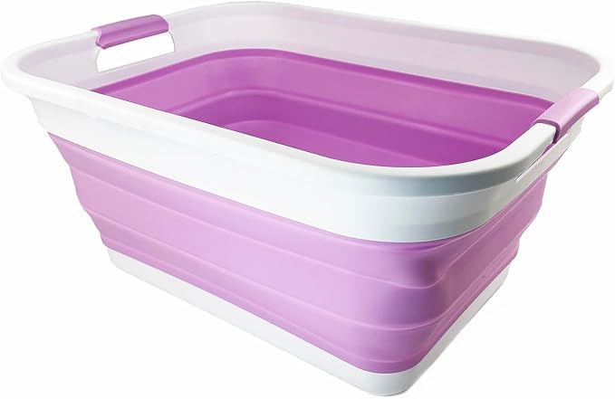 SAMMART 41L (10.8 gallon) Collapsible Plastic Laundry Basket - Foldable Pop Up Storage Container/Organizer - Portable Washing Tub - Space Saving Hamper/Basket (Rectangular, White/Pale Purple) - Image 4