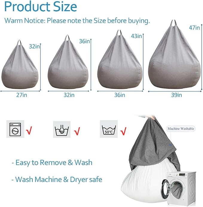 Stuffed Animal Storage Bean Bag Cover (No Filler) Extra Soft Beanbag Seat Chair Covers-Cotton Linen Memory Foam Beanbag Replacement Cover for Adults Children without Filling - Image 3