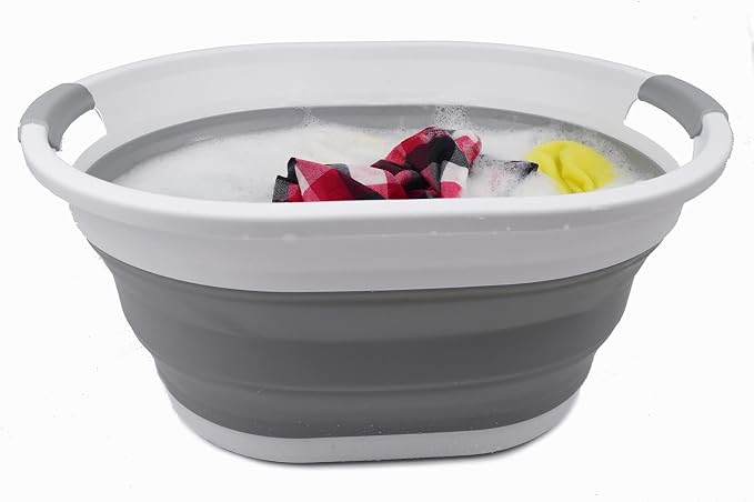 SAMMART 32L (8.4 gallon) Collapsible Plastic Laundry Basket - Foldable Pop Up Storage Container/Organizer - Portable Washing Tub - Space Saving Hamper/Basket, Water Capacity: 24L (1, White/Grey) - Image 6