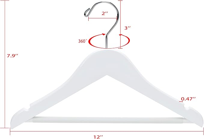 Quality 12” Kid's Wooden Hangers, 20 Pack Baby Hangers, Children's Coat Hangers with Pants Bar, Notches, Anti Rust 360 Swivel Hook for Coats, Suits, Jackets - Toddler Cloth Hanger Set (White, 20) - Image 5