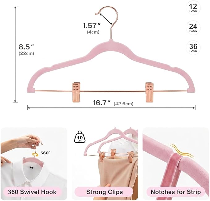 HOUSE DAY Pants Hangers with Clips 24 Pack, with Rose Gold Hook and Clips | Non Slip Velvet Flocked, Swivel Hook, Space Saving, Rubber Padded Clips, For Pants, Skirt, Shorts, Coat, Outfit - Pink - Image 6