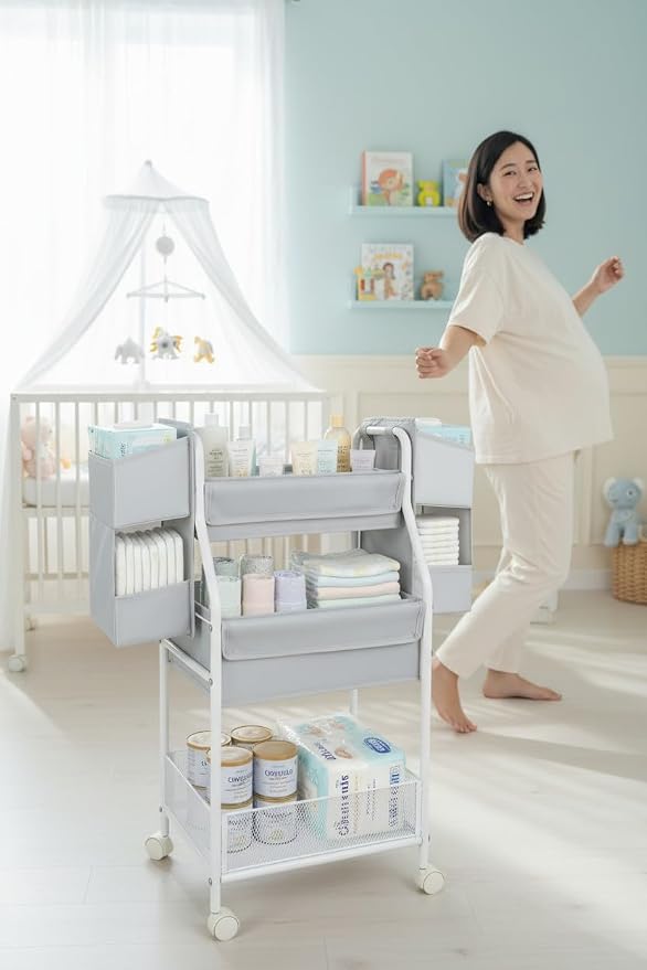 Rolling Utility Cart with Side Storage, 3-Tier Diaper Cart & Baby Caddy Organizer for Nursery Essentials, Bedside/Postpartum Nursing Cart, Craft & Art Storage Organizer, Rolling Book Cart - Image 5