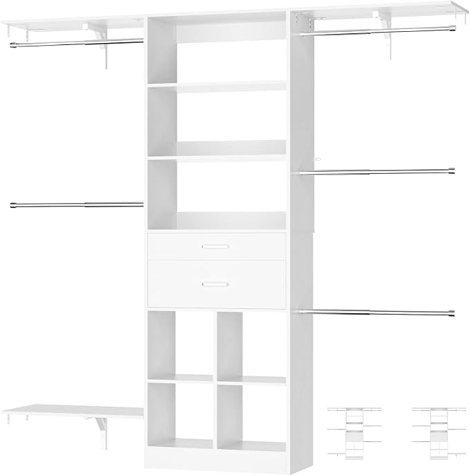 5FT Closet Organizer System with Wooden Drawers, 60 Inches Walk In Closet System With 5 Hanging Rods, Can Fit 1.58 to 6.8 FT with Reversible Hanging Shelving, White - Image 9