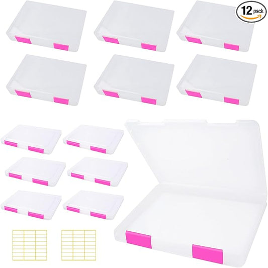 12 Pcs Clear A4 A5 File Box Document Plastic Storage Box with 48 Labels File Holder Organizer Paper Plastic Case Magazine Protector with Buckle Office School Supplies(Pink) by OLUTACOT