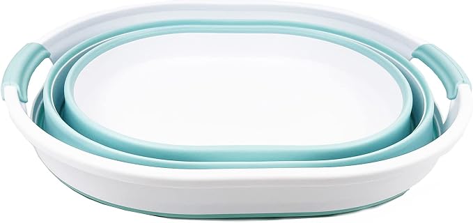 SAMMART 23L (6 Gallons) Collapsible Plastic Laundry Basket - Oval Tub/Basket - Foldable Storage Container/Organizer - Portable Washing Tub - Space Saving Laundry Hamper (White/Lake Green) - Image 2
