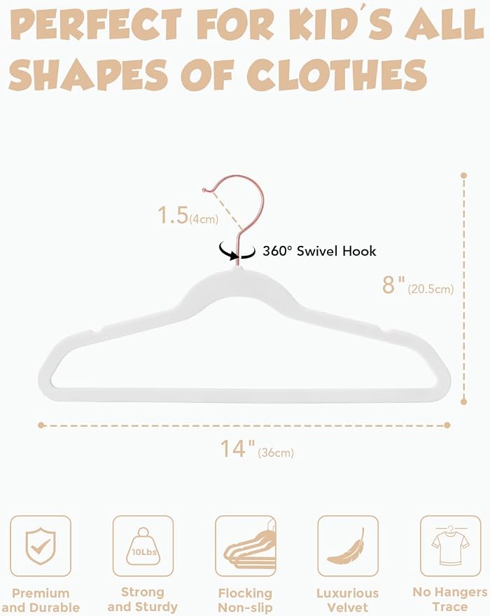 Kids Velvet Hangers 100 Pack, 14 Inch Non Slip Felt Hangers, White | Premium Kids Hangers for Closet Storage, Space Saving Toddler Clothes Hanger for Youth's Childrens' Clothes (Rose Gold Hook) - Image 4