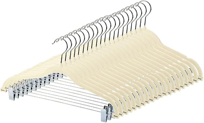 Velvet Pants Skirt Hangers with Clips - Pack of 20 Beige Women Clothes Hanger Set with Clip for Pant Suit Shirt Felt Coat Dress, Premium Non Slip Heavy Duty Space Saving Slim Clothing, 16.7 Inch Long by Unknown