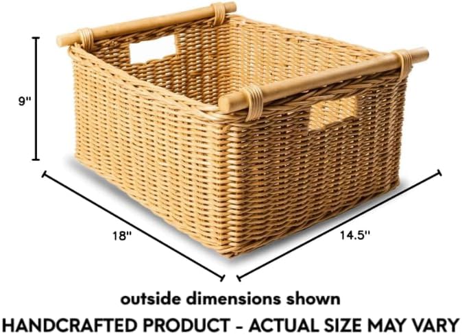 The Basket Lady Deep Pole Handle Wicker Storage Basket, M, Sandstone | Outside: 13.5" L x 14" W x 9" H | Inside: 12"L x 12"W x 8"H - Handcrafted by artisans from natural rattan - Image 7