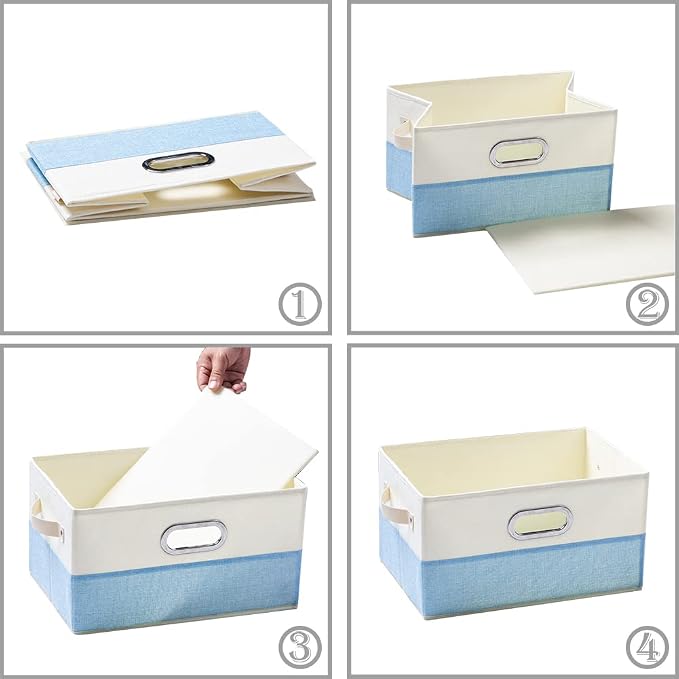 Large Fodable Storage Baskets for Closet [3-pack] Decorative Fabric Storage Bins Cubes with Leather/Metal Handles for Shelves Bedroom Living Room Blue&Cream (14.9x9.8x8.3 Inch) - Image 5