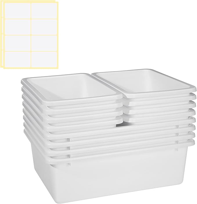 Zonon 12 Pcs Plastic Cubby Bins Office Storage Container Storage Bins Plastic Organization with 1 Pack Self Adhesive Label for Library Office Home Nursery(White) by Zonon