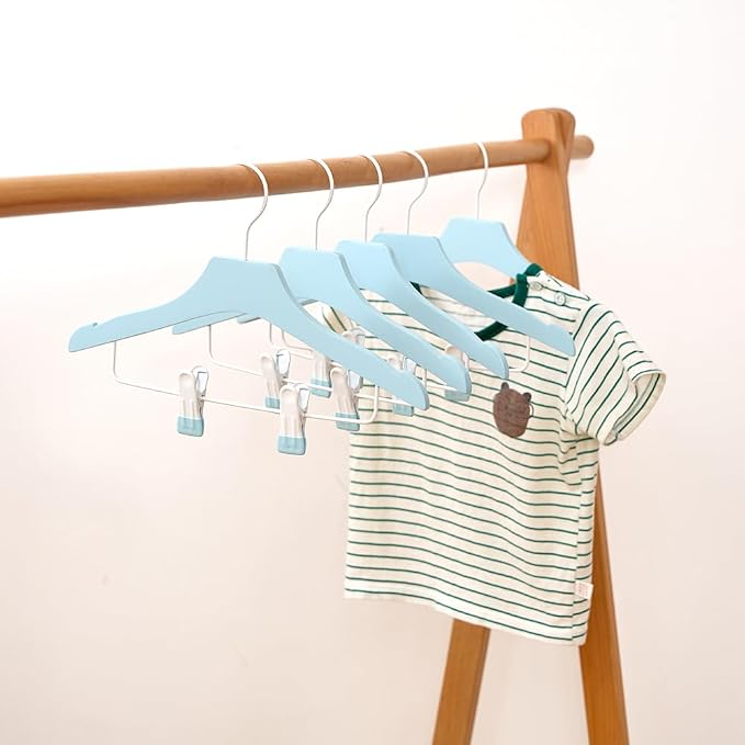 Blue 12.7" Ultra-Thin Wooden Children Closet Clothes Clips Hangers 20PCS Wood Baby Kids Coat Hangers for Infant Toddler Newborn Jumpsuit Pants Skirts Jeans Space Saving Heavy Duty Durable - Image 5