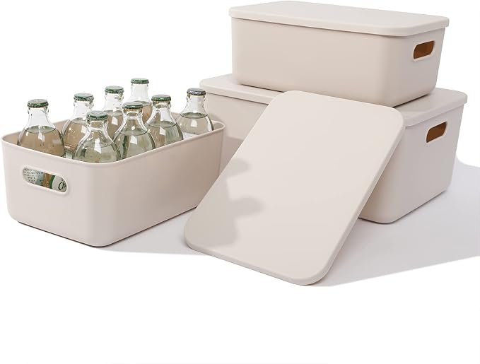 Yishyfier Plastic Storage Baskets With Lid Organizing Container Lidded Knit Storage Organizer Bins for Shelves Drawers Desktop Closet Playroom Classroom Office (M+2S, Light grey) by Yishyfier